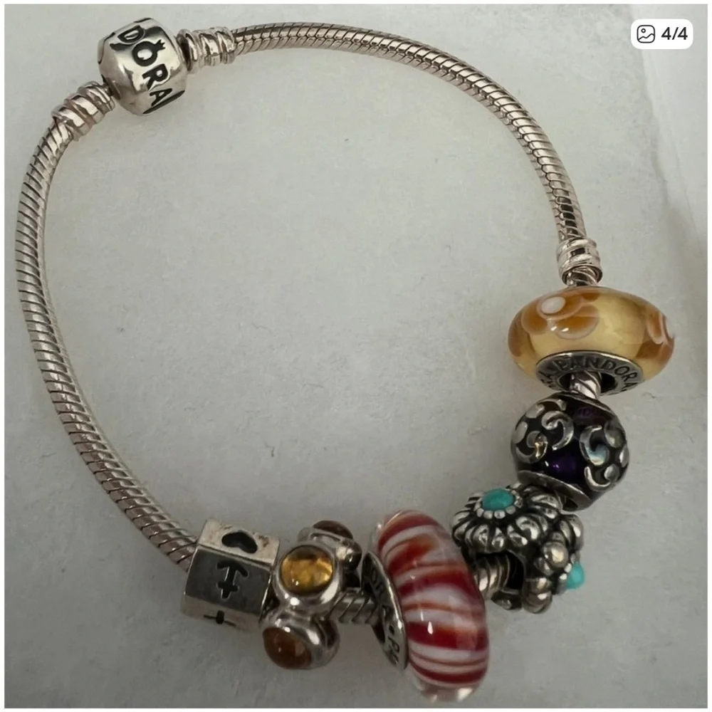 Authentic Pandora Silver Bracelet with 6 Colorful Charms